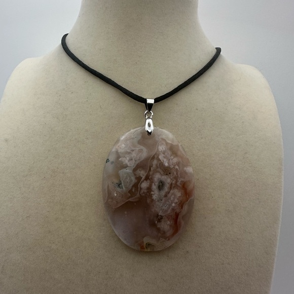 None Jewelry - Oval Flower Agate Pendant on Satin Rope